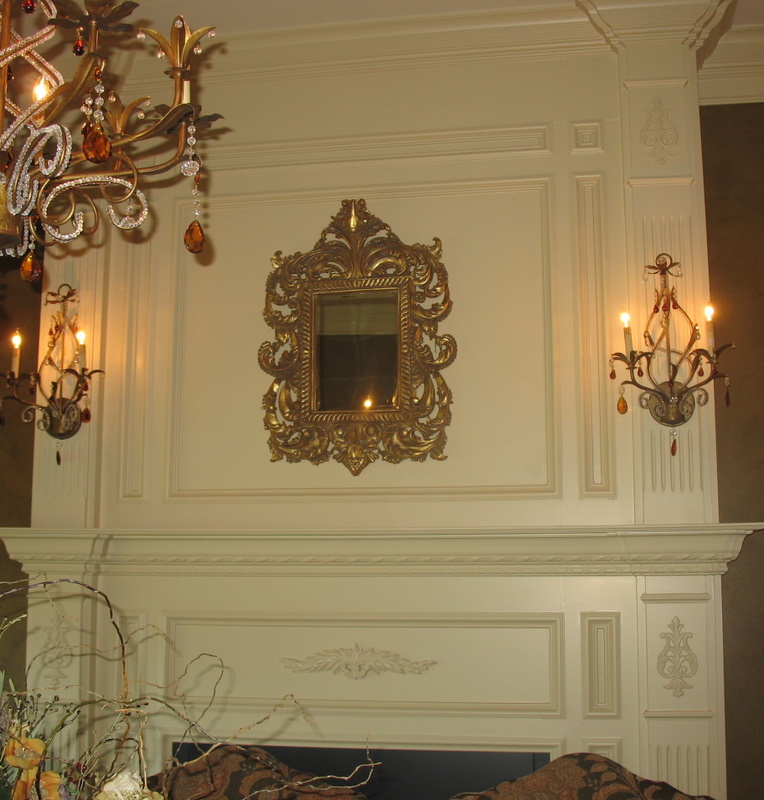 Fireplace mantel in dining room.