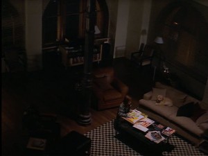 It's dark, but this is the view of the loft's living room from the upstairs hallway.