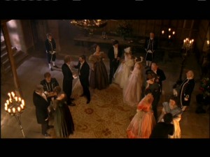Jane and Adele watch the elegant party guests arrive from the upstairs landing.
