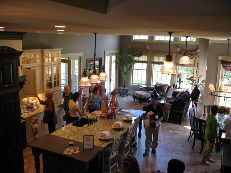 View of the kitchen from the top of the stairs.