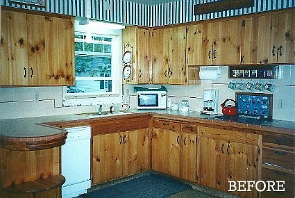 Candice's kitchen before-knotty pine cabs