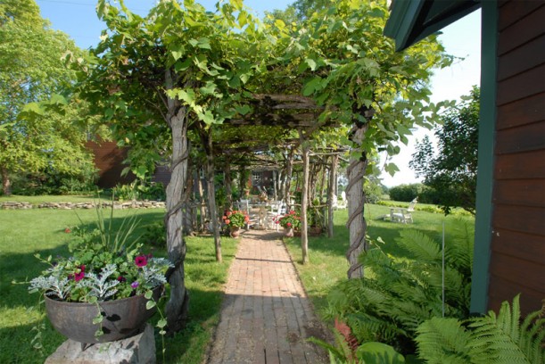 arbors and brick-lined path