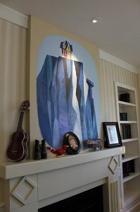 fireplace mantel and painting