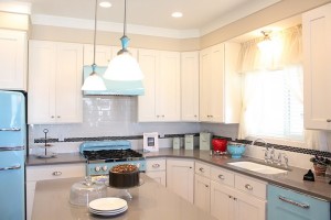 retro blue and white kitchen at the Up House