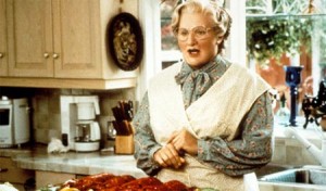 Mrs. Doubtfire in front of kitchen window
