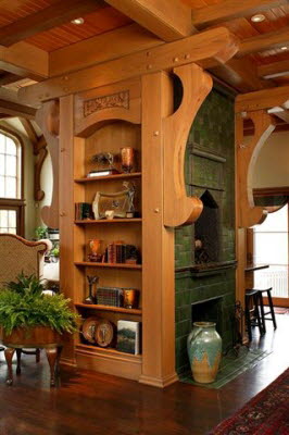 side of fireplace with built in shelves