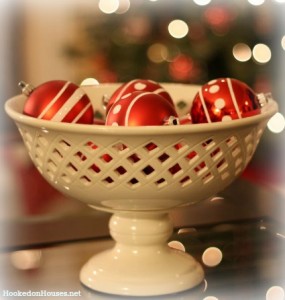 Red Christmas ornaments in white bowl 1210