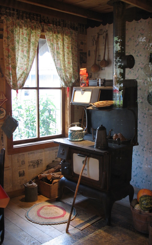 wood burning stove inside Dolly Parton\'s cabin