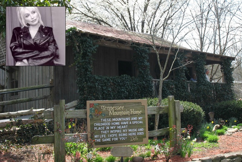 A sign on the side of Dolly Parton\'s cabin saying Tennessee Mountain Home