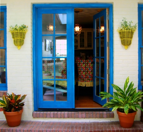 french doors painted bright blue