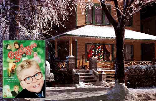 exterior of Ralphie\'s house from A Christmas Story with movie poster inset