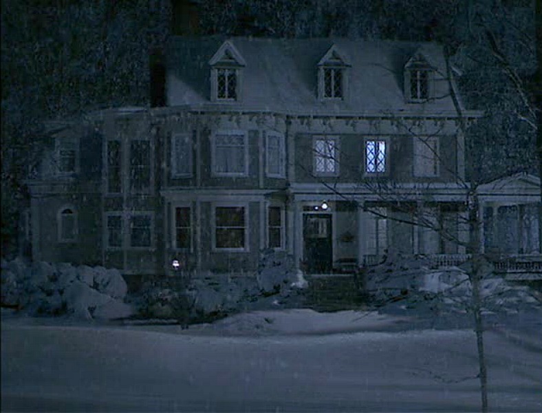 A house covered in snow at night