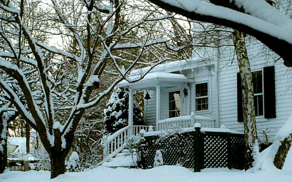 The Family Stone movie house in the snow side door