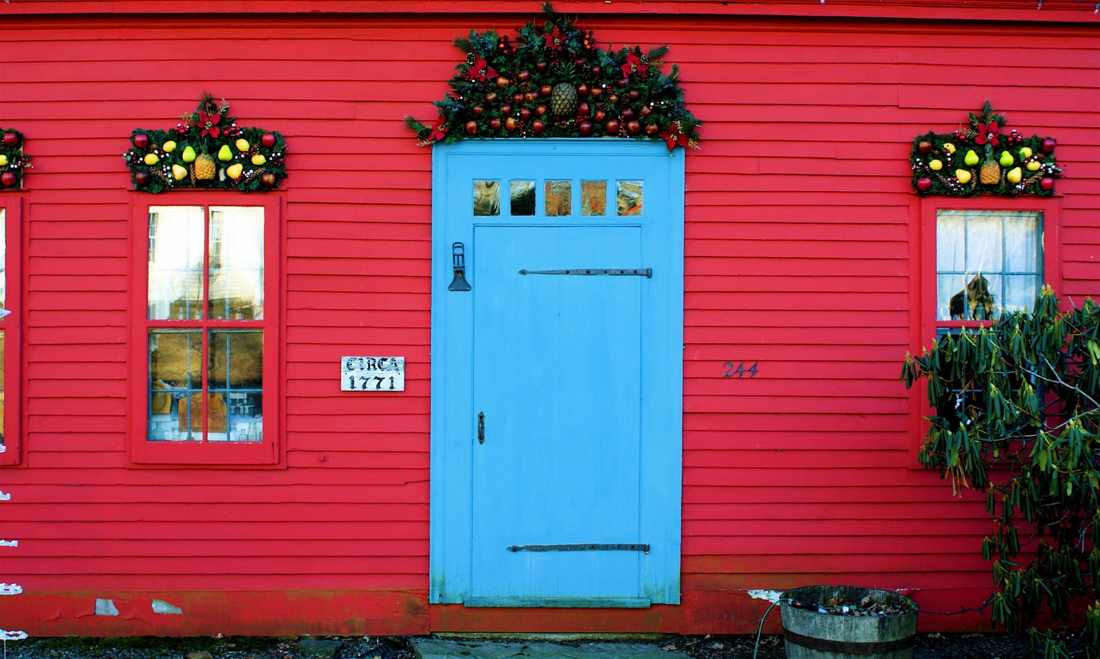 blue door on red house