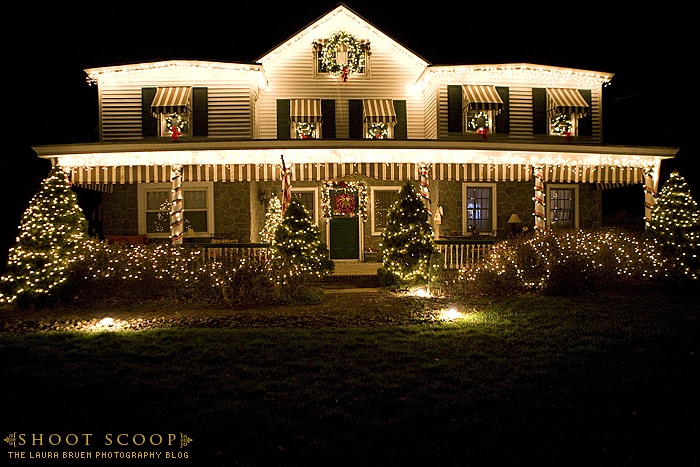 exterior of two story house decorated for Christmas