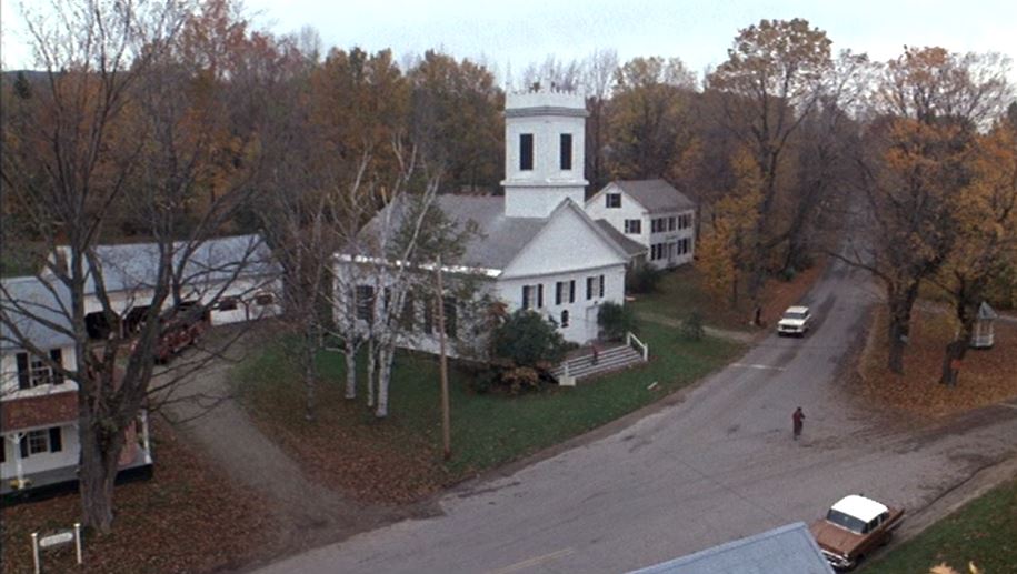 Hadleyville village with white church in Baby Boom