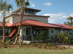 front exterior of HGTV's Green Home 2009 with palm tree in yard