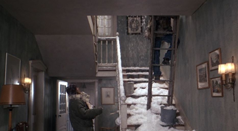 staircase filled with snow Baby Boom movie house