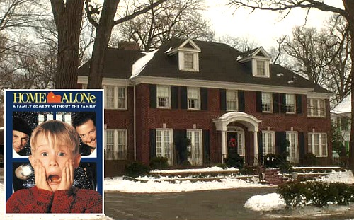 exterior front of red brick house with black shutters in Home Alone movie