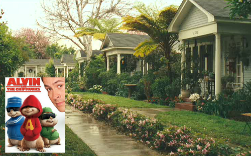 bungalow court featured in Alvin and the Chipmunks with inset of movie poster