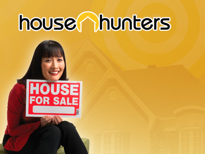 Suzanne Whang holding a House For Sale sign with House Hunters logo