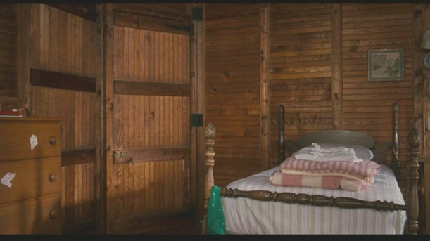 bedroom with natural wood shiplap walls