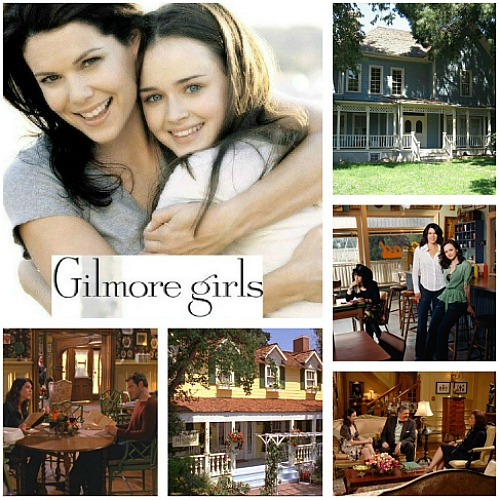 collage of photos from Gilmore Girls with Lauren Graham and Alexis Bledel