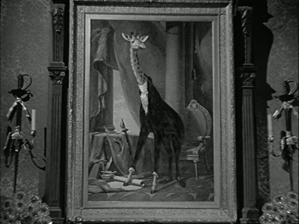 giraffe wearing a suit in framed painting on wall