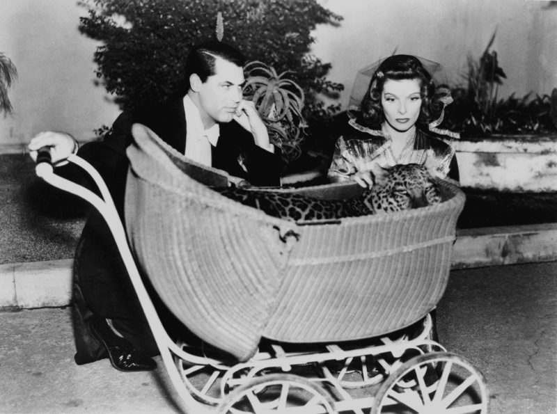 promotional still of Cary Grant, Katharine Hepburn and the leopard