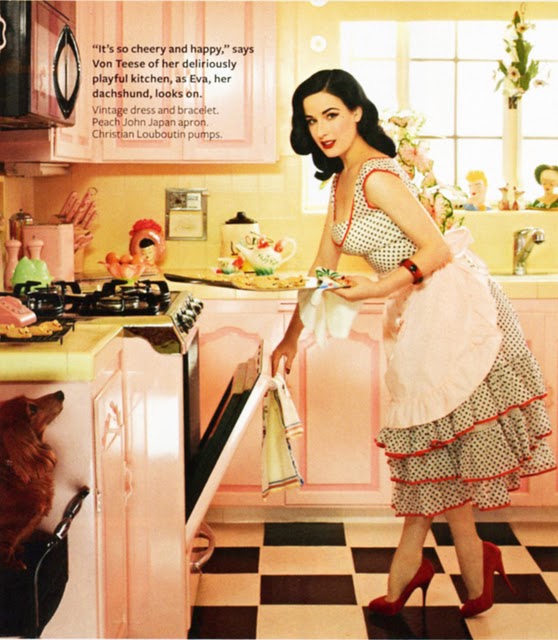 Dita Von Teese-pink and yellow kitchen-InStyle