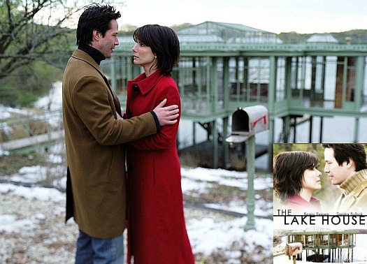 Keanu Reeves and Sandra Bullock in front of lake house with movie poster inset