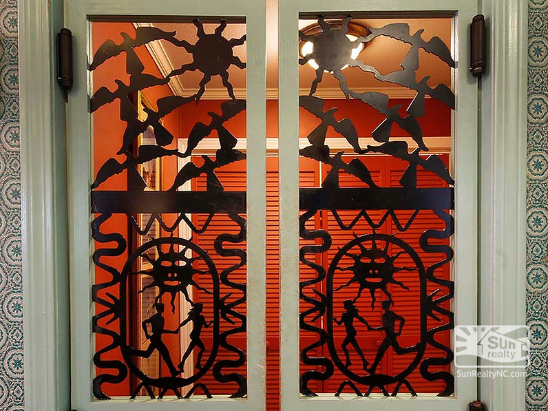 close up of swinging kitchen doors