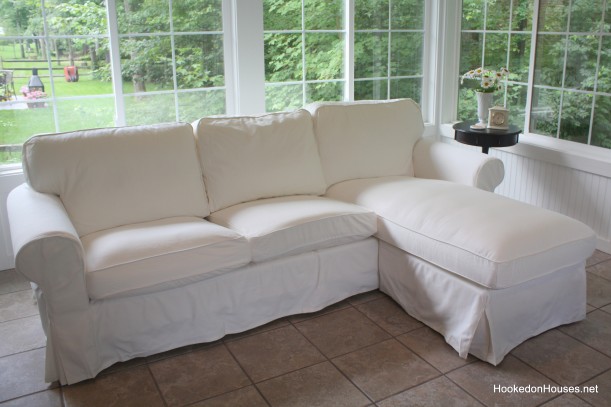 the new Ektorp sofa with white slipcover in the sunroom