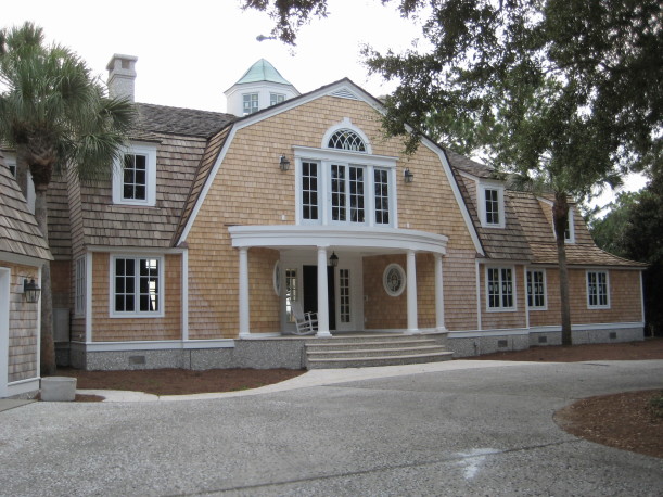 A close up of front portico