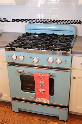 retro blue stove in kitchen