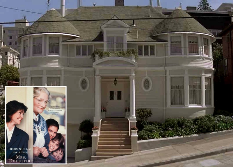 Front exterior of the Mrs. Doubtfire house with inset of movie poster 