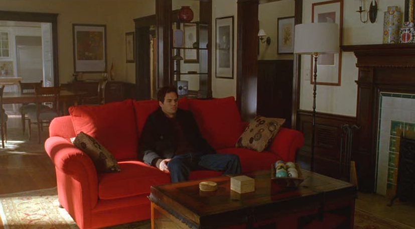 A person sitting in a living room on a red sofa