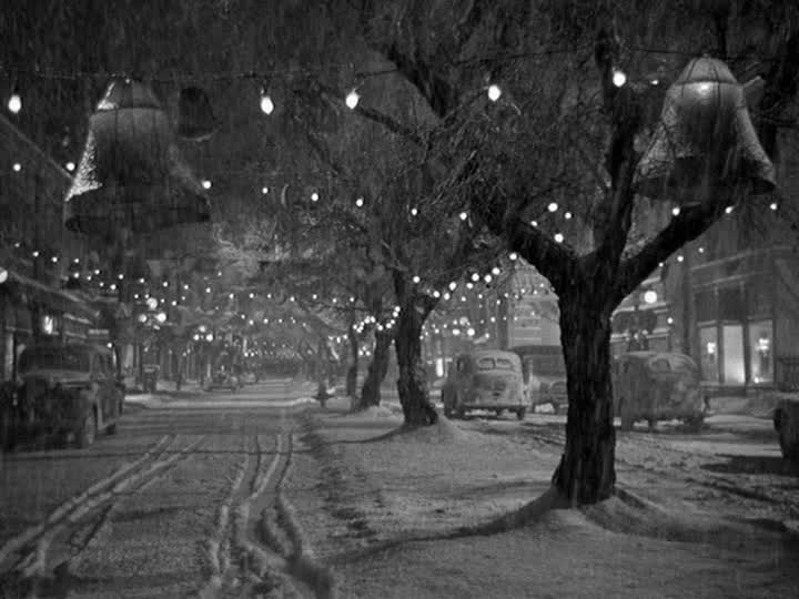 Bedford Falls in the snow with twinkle lights