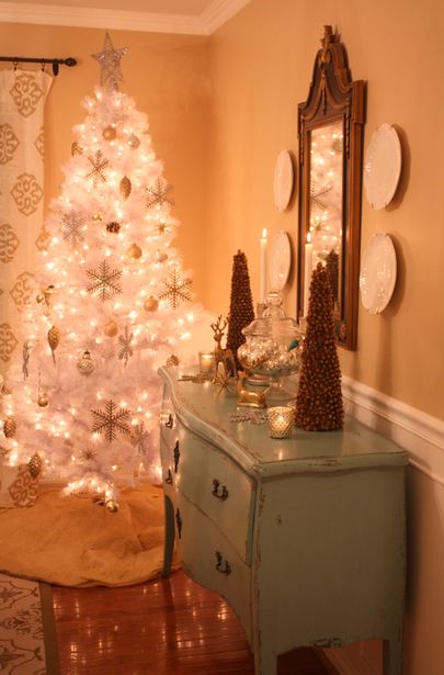 white Christmas tree in corner of dining room