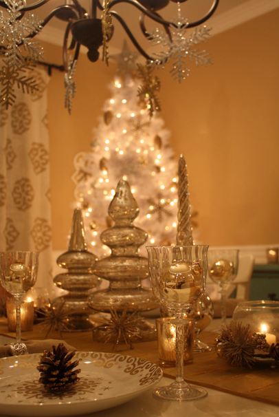 white Christmas tree and table with mercury glass trees