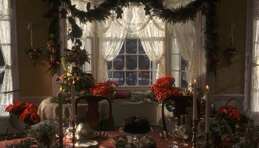 Bay window decorated for Christmas in the dining room