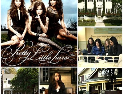 collage of photos of houses seen on Pretty Little Liars and official logo inset