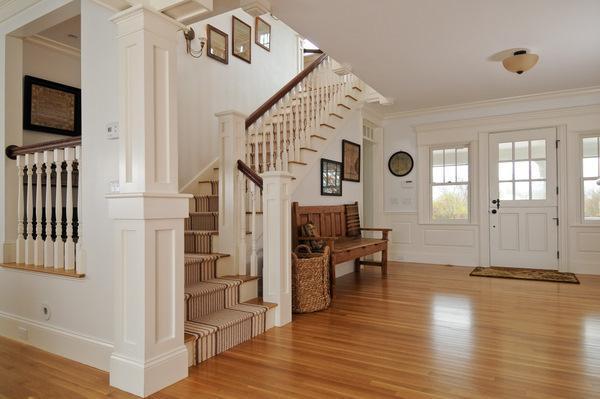 staircase with striped runner