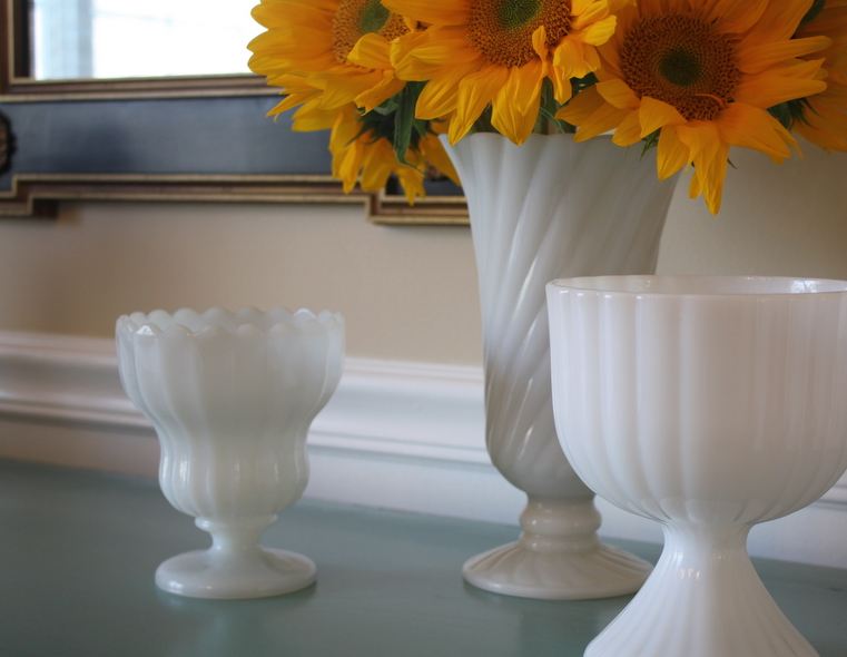 flowrers in milk glass