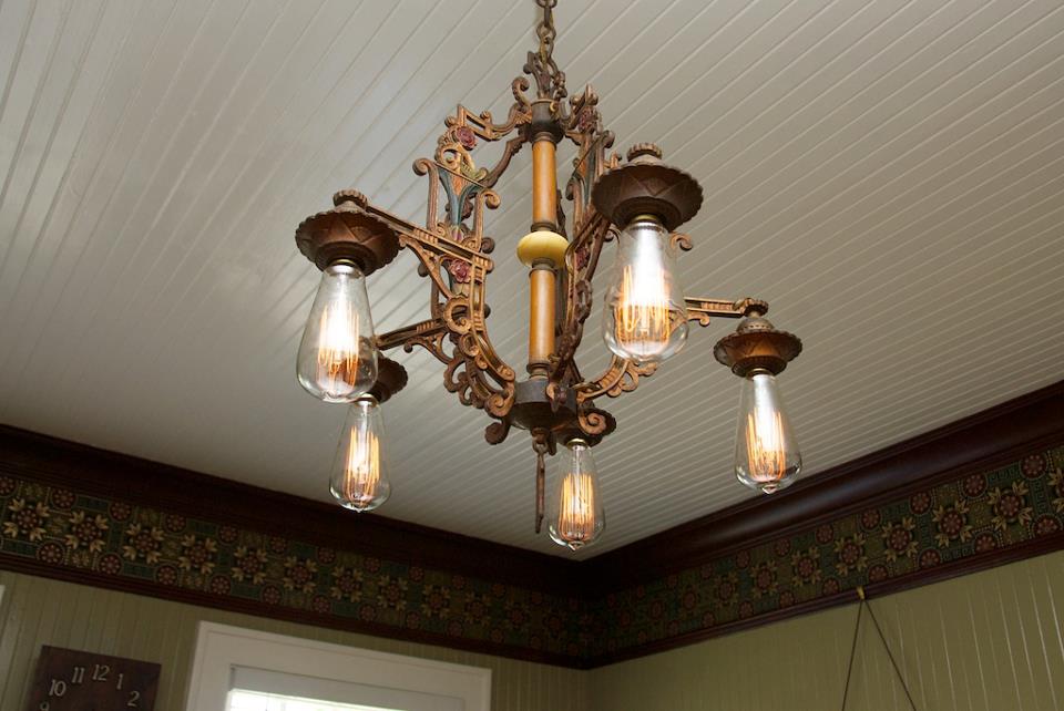 vintage light fixture in dining room