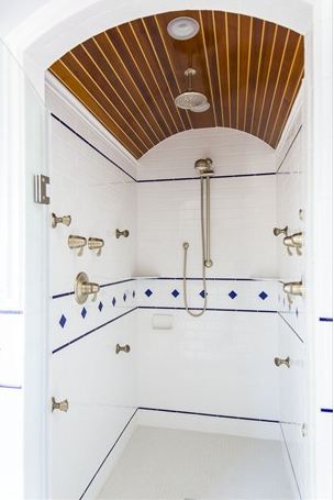 shower with barrel vaulted wood ceiling