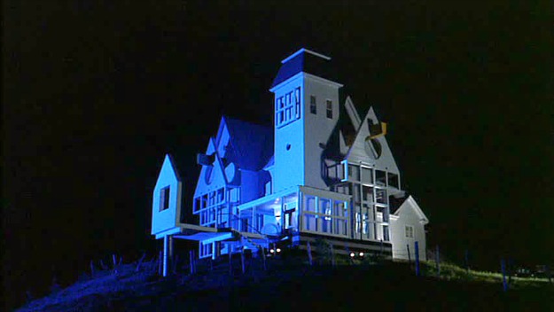 Beetlejuice house lit up at night