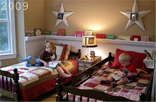 boys bedroom with twin beds and stars on wall