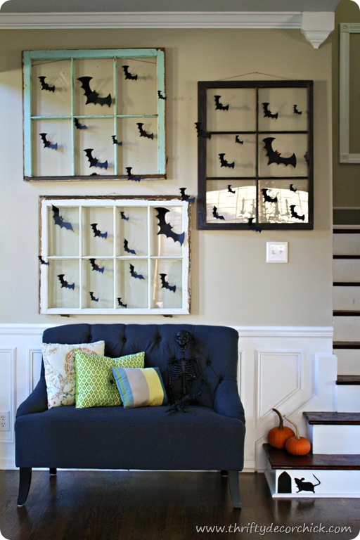 entry hall decorated for Halloween with bats