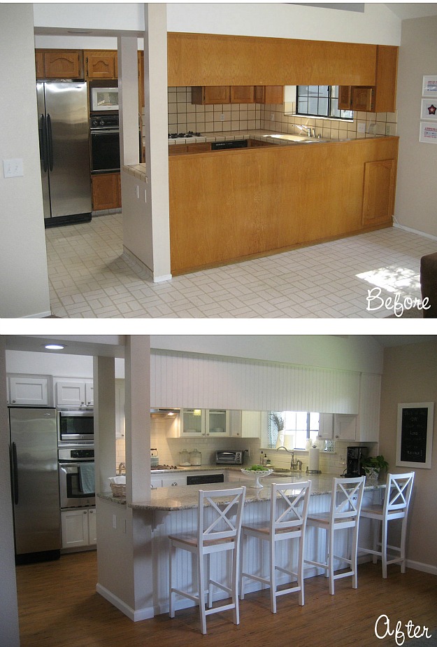 before and after photos of Carolyn\'s 1980s kitchen